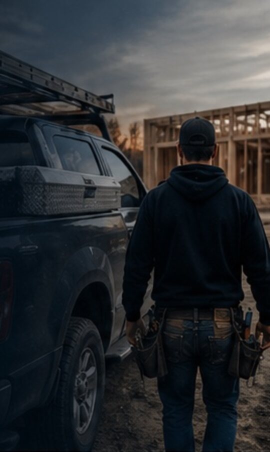 A contractor beside a work truck at a building site