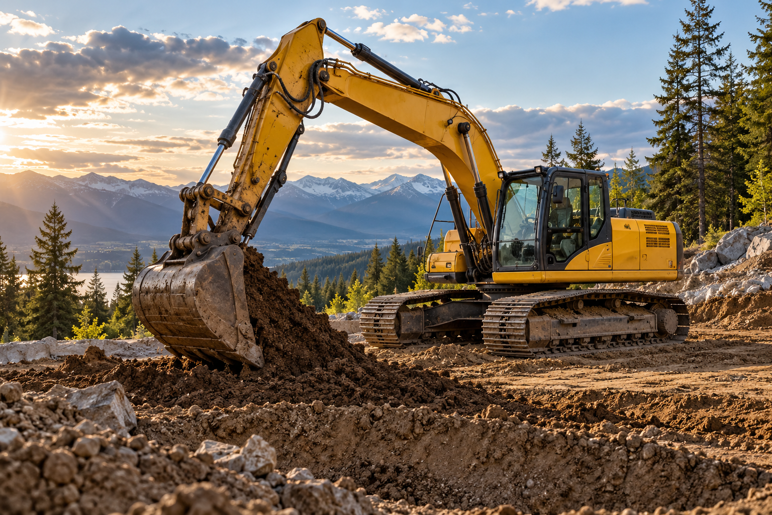 Yellow tracked excavator working on a graded residential construction site